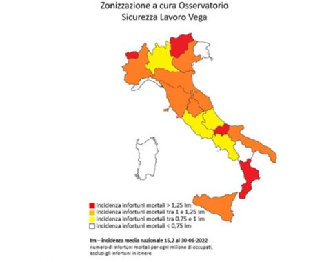 La mappa a colori del rischio morti bianche (Fonte: Osservatorio sicurezza sul lavoro Vega Engineering)