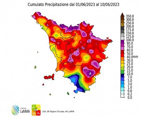 La mappa della piovosità nella prima decade di Giugno 2023