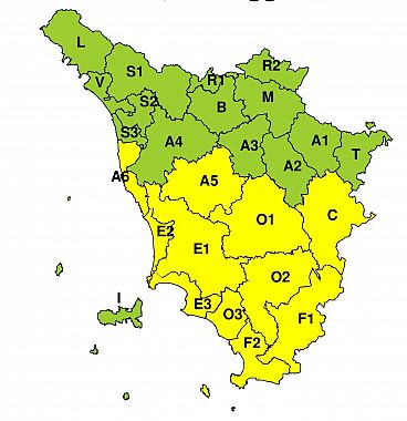 La mappa dell'allerta della Regione Toscana