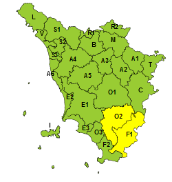 La mappa dell'allerta della Regione Toscana