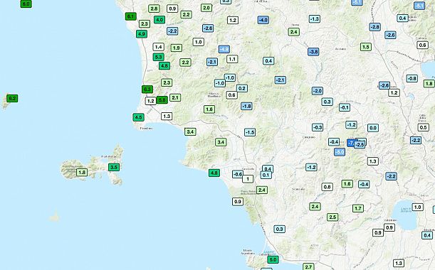 Le temperature nella Toscana del sud e nelle isole mappa